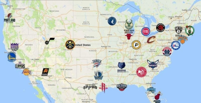Vị trí địa lý của 30 đội NBA